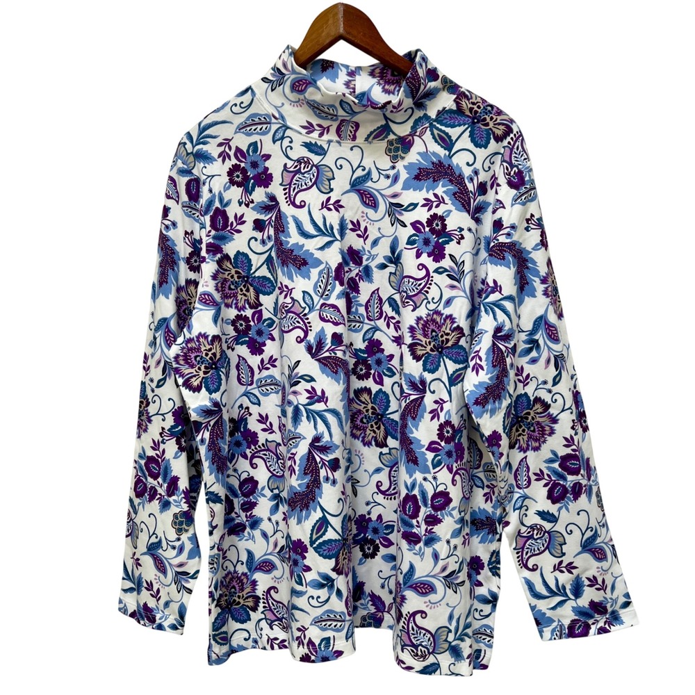 Laura Scott 2X Mock Neck Long Sleeve Floral Paisley Cotton Boho Grandmacore